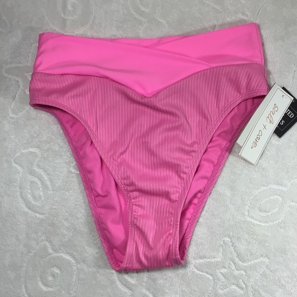 Salt + Cove Peony Pink Ribbed Cross Front High Waist Bikini Bottom - Size Small